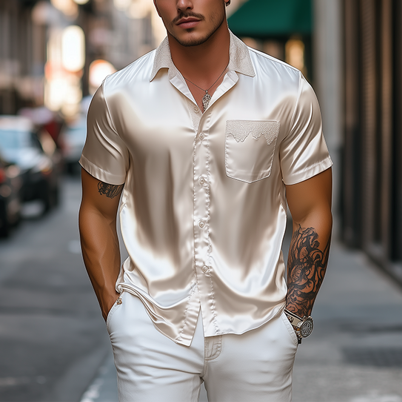 Men's Spring and Summer Fashion Pocket Lace Stitching Satin Short Sleeve Shirt 9928619393208