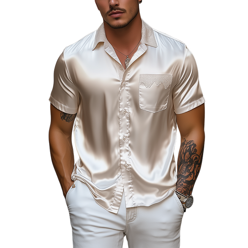 Men's Spring and Summer Fashion Pocket Lace Stitching Satin Short Sleeve Shirt 9928619393208