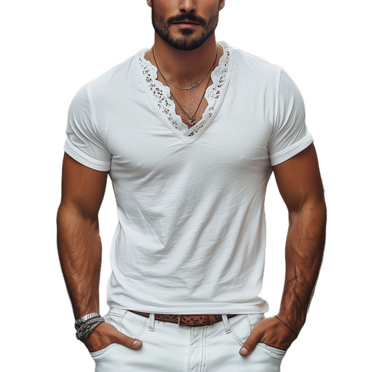 Men's Spring and Summer Fashionable V-neck Lace Stitching Cotton Short-sleeved T-shirt 9928619720888