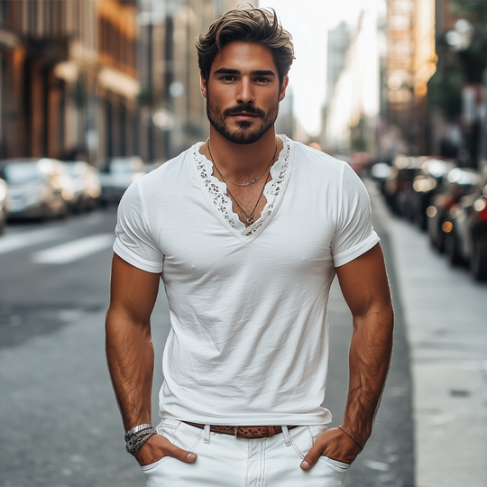 Men's Spring and Summer Fashionable V-neck Lace Stitching Cotton Short-sleeved T-shirt 9928619720888