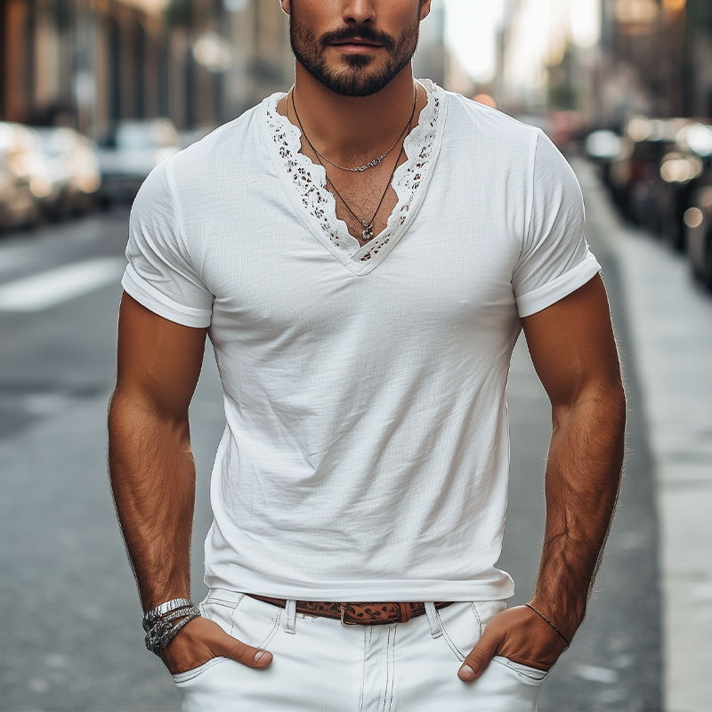 Men's Spring and Summer Fashionable V-neck Lace Stitching Cotton Short-sleeved T-shirt 9928619720888