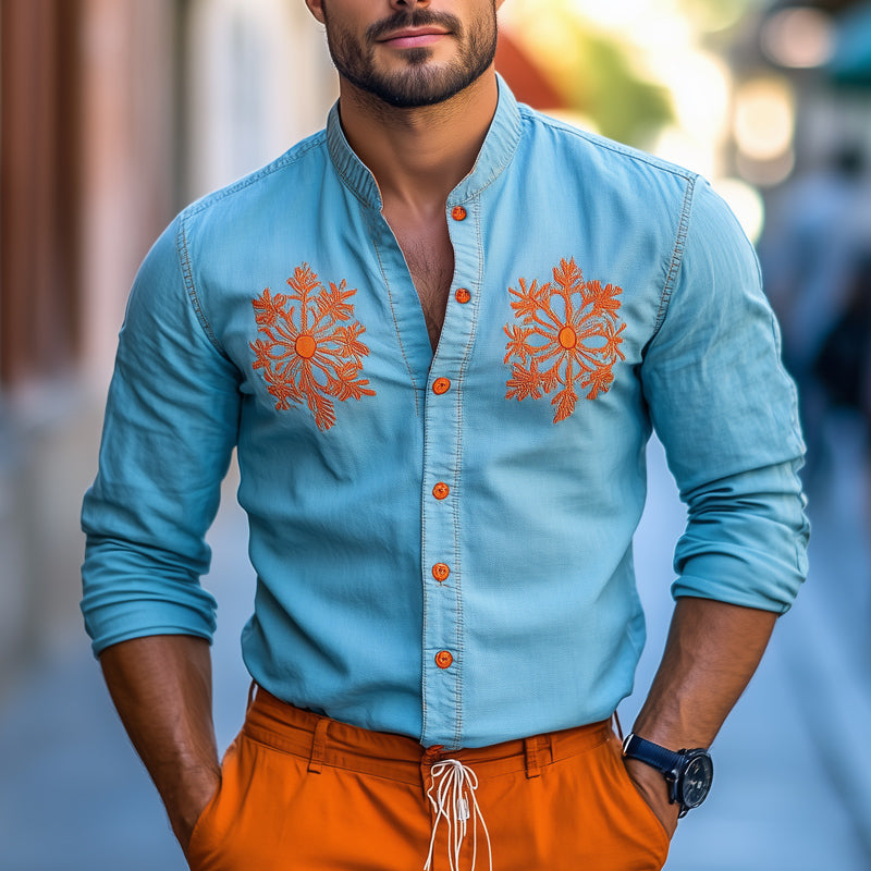 Men's Light Blue Contrast Embroidered Denim Shirt 9930003251384