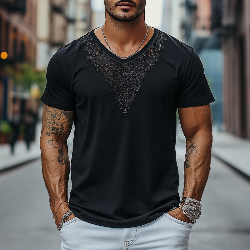 Men's Fashion Casual Lace V-neck Cotton Short-sleeved T-shirt 9928619851960