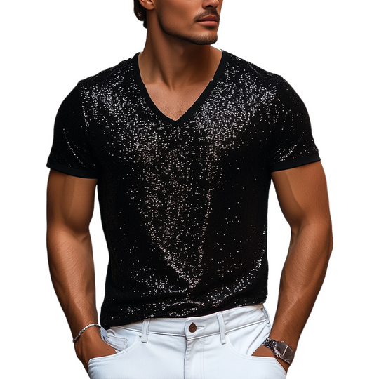 Men's Stylish Casual Personality Sequin Fabric Short-sleeved T-shirt 9928619983032