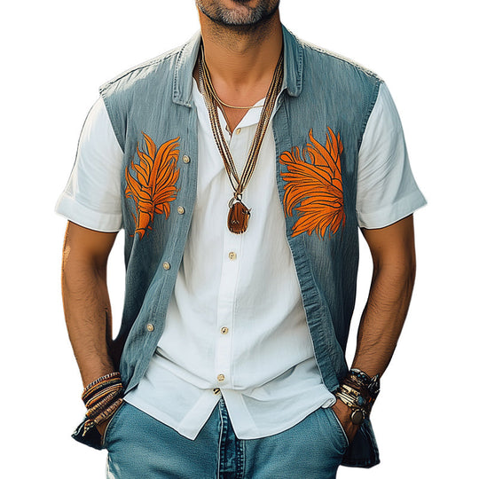 Men's Summer Washed Denim Colorblock Embroidered Vest 9930003087544
