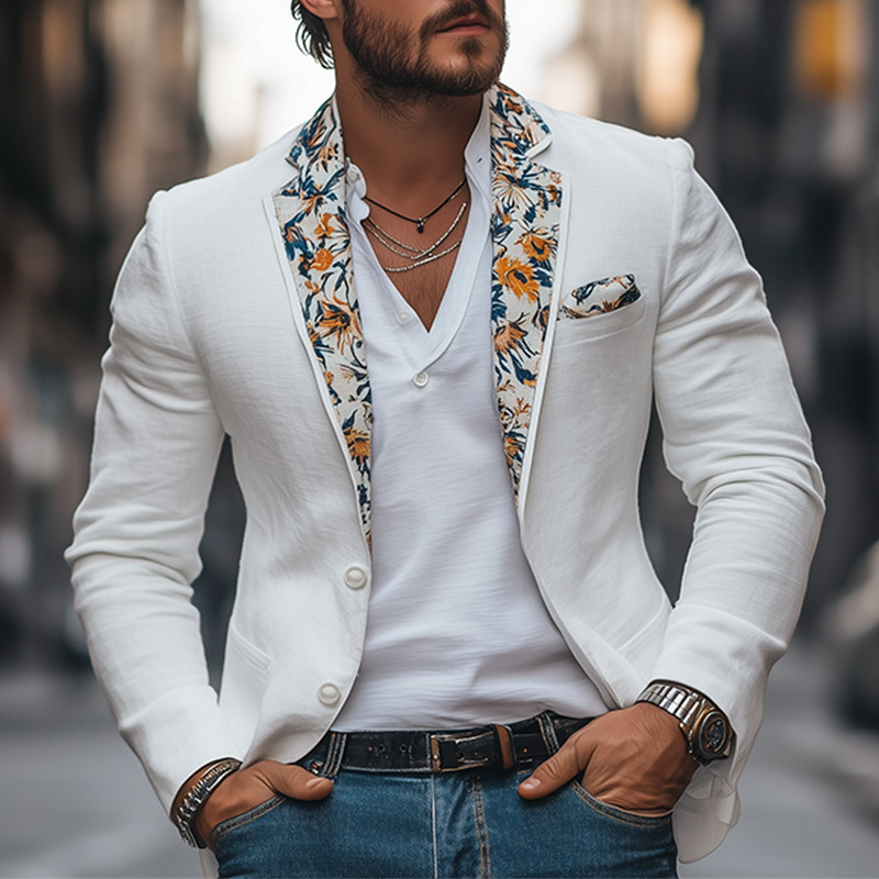 Men's Retro Fashion Collar Print Single Breasted Cotton and Linen Blazer 9928623882424