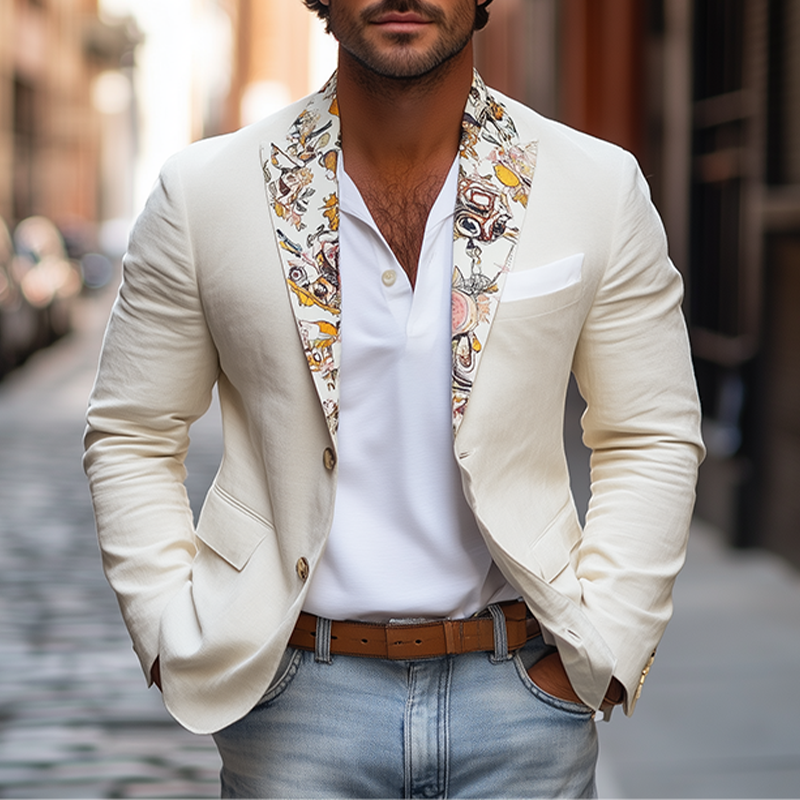 Men's Retro Fashion Collar Art Print Slim Fit Cotton and Linen Blazer 9928623751352