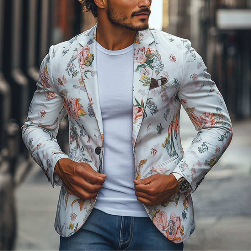 Men's Spring Retro Fashion Art Print Slim Fit Casual Blazer 9928623653048