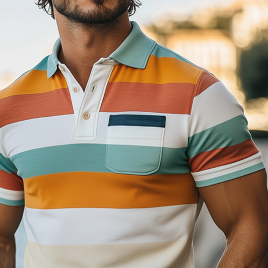 Men's Spring and Summer Fashion Casual Contrast Stripe Print Short Sleeve POLO Shirt 9928623521976