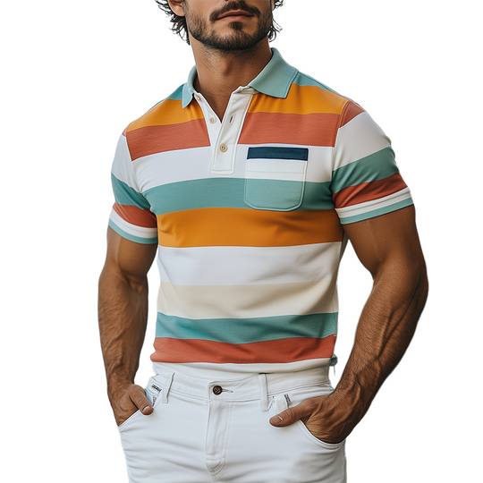 Men's Spring and Summer Fashion Casual Contrast Stripe Print Short Sleeve POLO Shirt 9928623521976