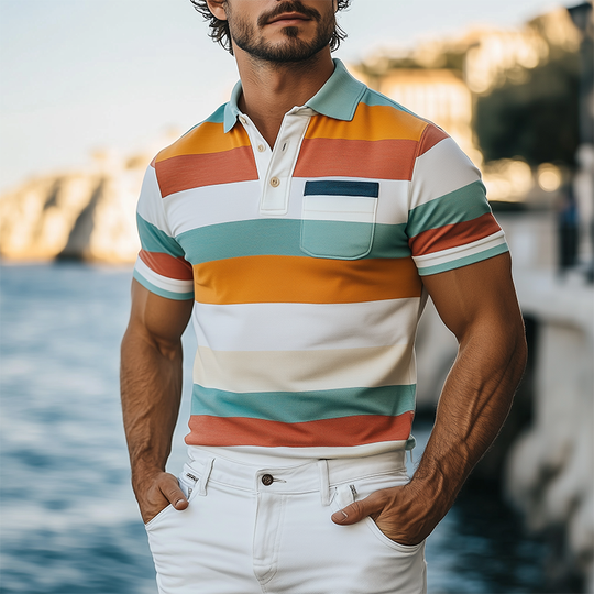Men's Spring and Summer Fashion Casual Contrast Stripe Print Short Sleeve POLO Shirt 9928623521976