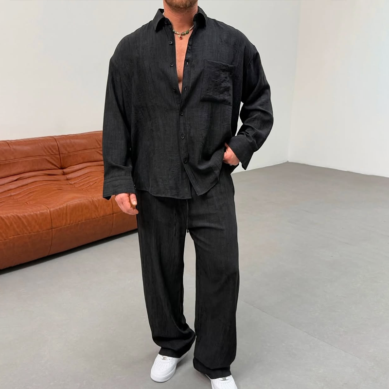 Men's Solid Loose Folds Lapel Long Sleeve Shirt Trouser  Casual Set 9928618672312