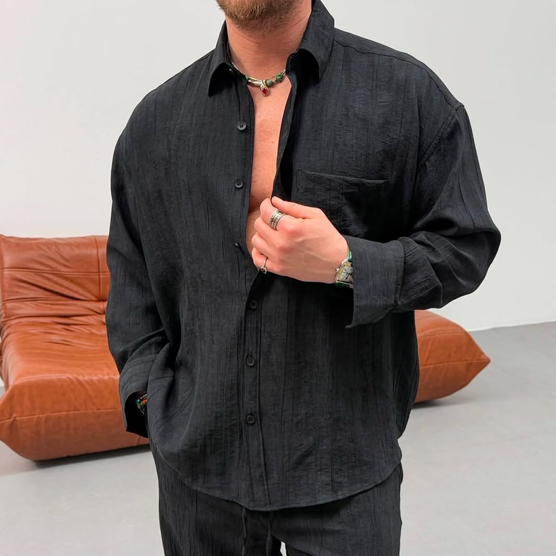 Men's Solid Loose Folds Lapel Long Sleeve Shirt Trouser  Casual Set 9928618672312
