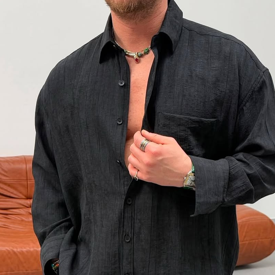 Men's Solid Loose Folds Lapel Long Sleeve Shirt Trouser  Casual Set 9928618672312