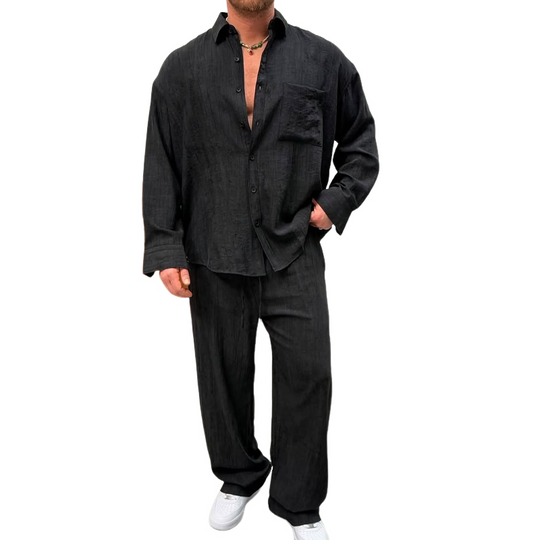 Men's Solid Loose Folds Lapel Long Sleeve Shirt Trouser  Casual Set 9928618672312