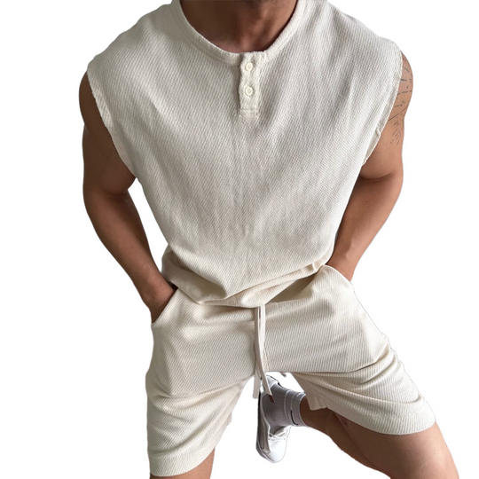 Men's Solid Henley Collar Sleeveless Tops Elastic Waist Shorts Casual Set 9928618836152