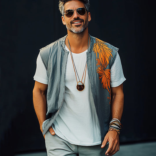 Men's Summer Washed Denim Colorblock Embroidered Vest 9930003054776