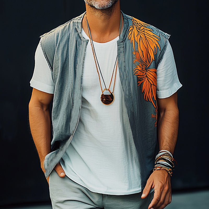 Men's Summer Washed Denim Colorblock Embroidered Vest 9930003054776