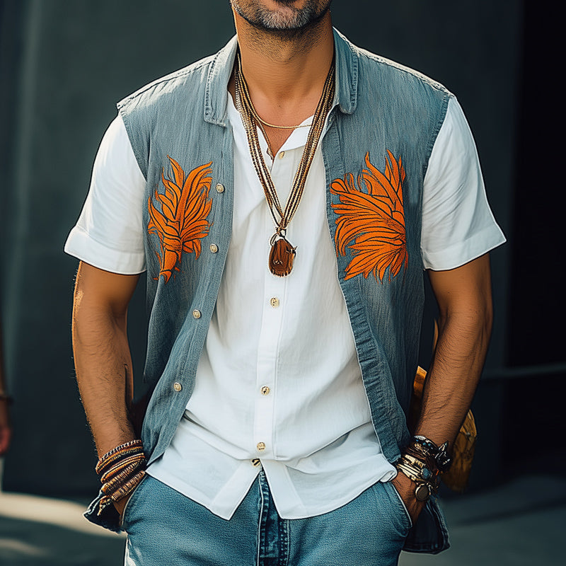 Men's Summer Washed Denim Colorblock Embroidered Vest 9930003087544