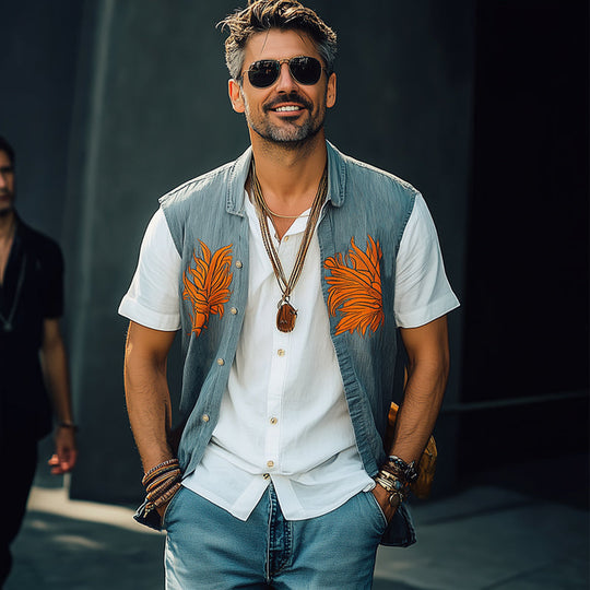 Men's Summer Washed Denim Colorblock Embroidered Vest 9930003087544