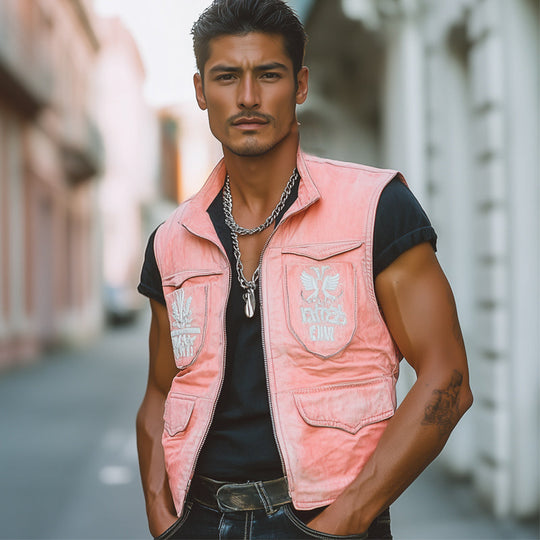 Men's Fresh Pink Faded Denim Embroidered Vest 9930003153080