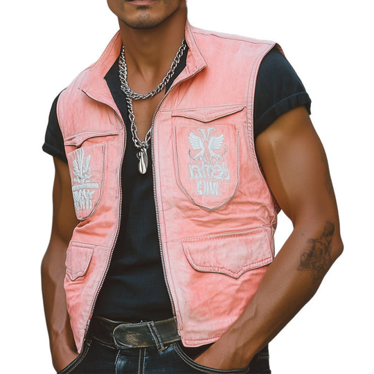Men's Fresh Pink Faded Denim Embroidered Vest 9930003153080