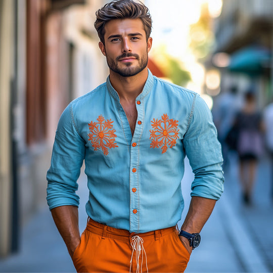 Men's Light Blue Contrast Embroidered Denim Shirt 9930003251384