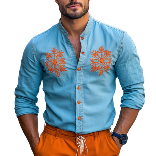 Men's Light Blue Contrast Embroidered Denim Shirt 9930003251384
