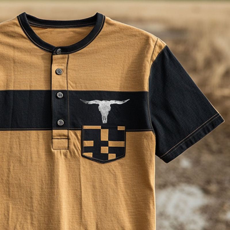 Men's Retro Casual Western Bull Head Print Henley Neck Short Sleeve T-Shirt 9930001744056