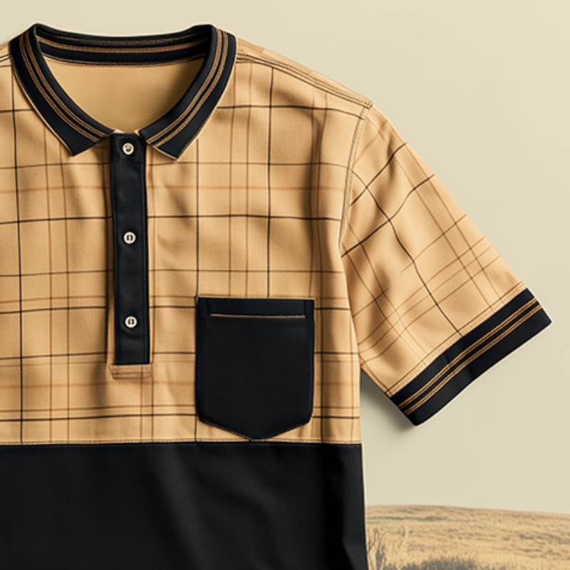Men's Retro Casual Plaid Colorblock Pocket Lapel Short Sleeve T-Shirt 9930001645752