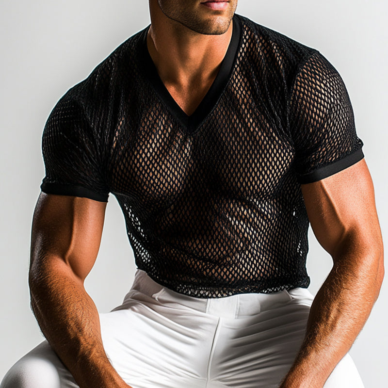 Men's Retro Casual Solid Color Mesh Cool V-neck Short Sleeve T-shirt 9930001350840