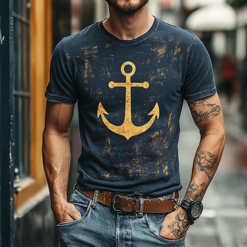 Men's Retro Casual Anchor Print Round Neck Short Sleeve T-Shirt 9930001875128