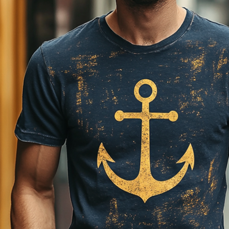 Men's Retro Casual Anchor Print Round Neck Short Sleeve T-Shirt 9930001875128