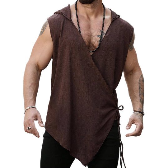 Men's Brown Textured Cross Tie Hooded Tank Top 9930000269496