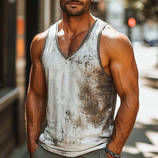 Men's Skin-friendly Breathable V-neck Retro Printed Tank Top 9929999941816
