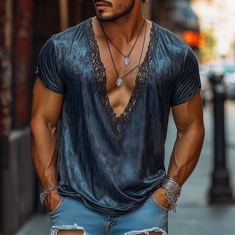 Men's Fashion Retro Sexy Lace Stitching Satin Printed Deep V Neck T-Shirt 9930000859320