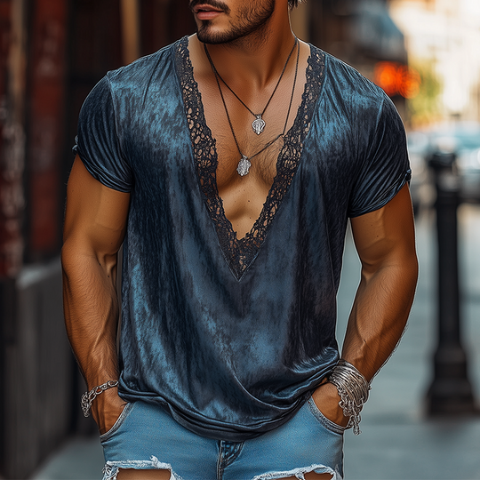 Men's Fashion Retro Sexy Lace Stitching Satin Printed Deep V Neck T-Shirt 9930000859320