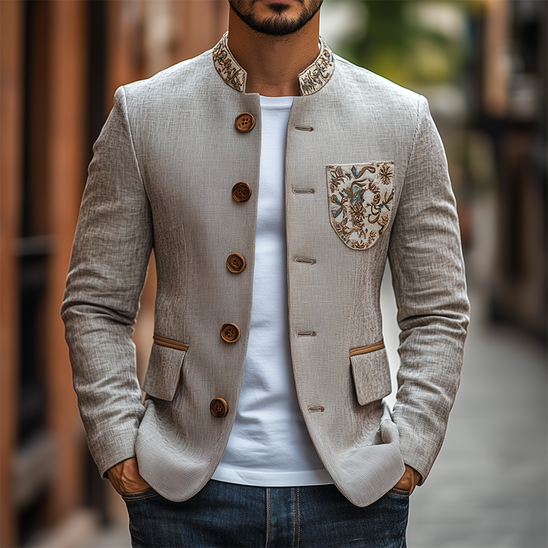 Men's Classic Retro Stand Collar Thin Cotton and Linen Embroidered Slim Jacket 9930000498872
