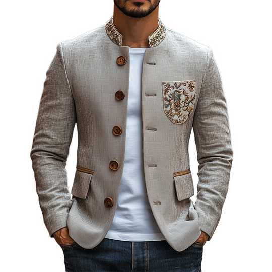 Men's Classic Retro Stand Collar Thin Cotton and Linen Embroidered Slim Jacket 9930000498872