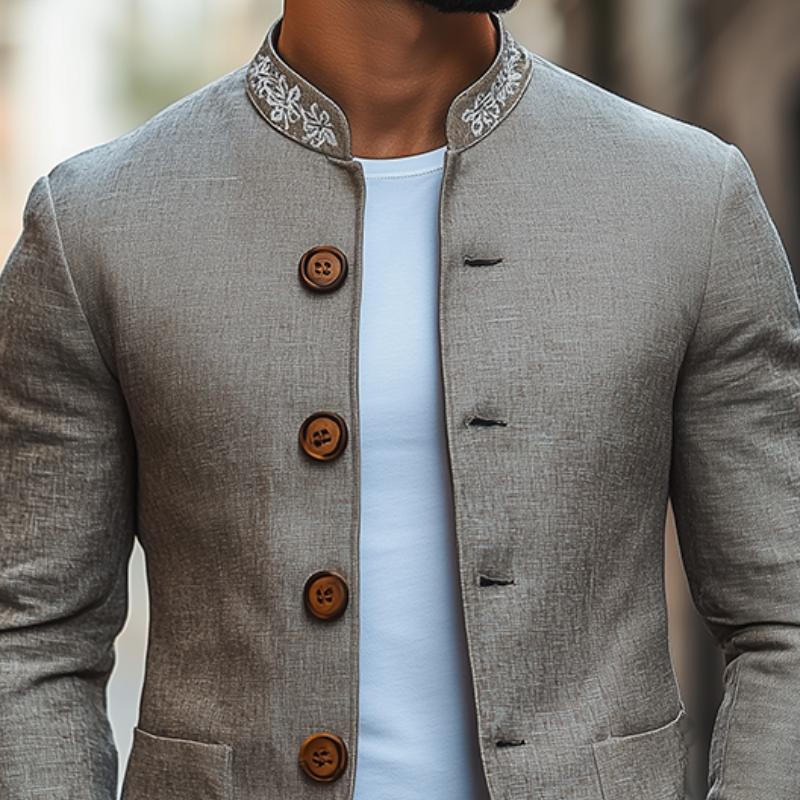 Men's Classic Retro Casual Stand-up Collar Embroidered Thin Cotton and Linen Slim Jacket 9930000662712