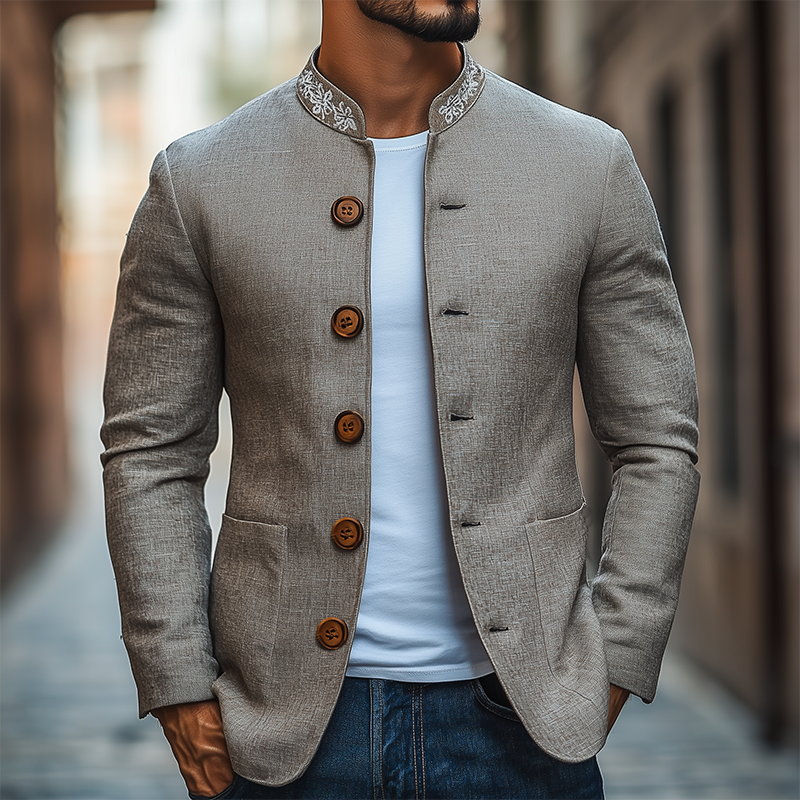 Men's Classic Retro Casual Stand-up Collar Embroidered Thin Cotton and Linen Slim Jacket 9930000662712