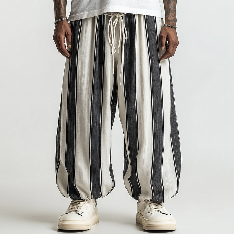 Men's Black And White Wide Striped Casual Trousers 9930002464952