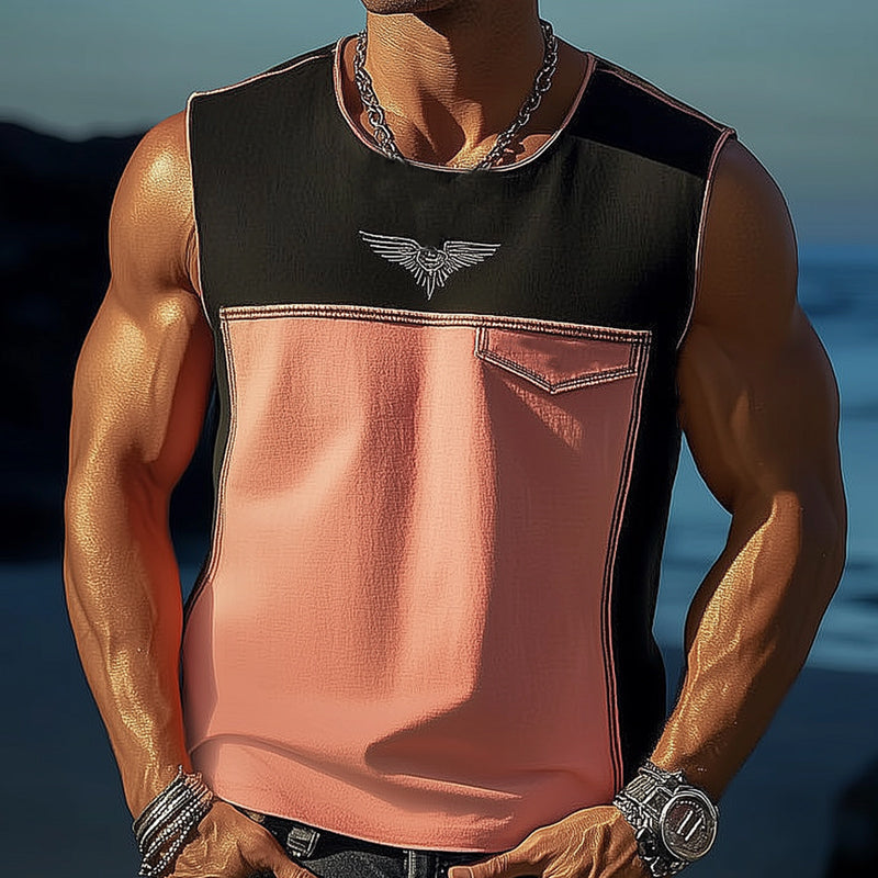 Men's Summer Colorblock Embroidered Denim Tank Top 9929999810744