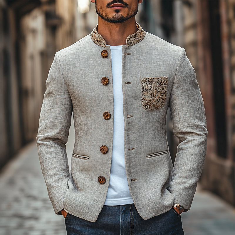 Men's Classic Retro Stand Collar Pocket Embroidery Thin Cotton and Linen Jacket 9930000597176
