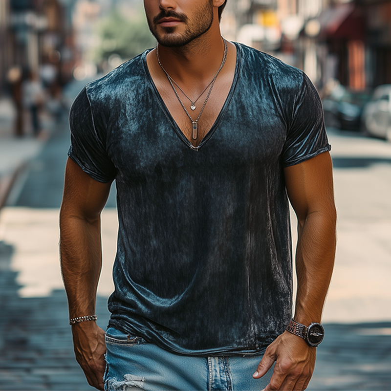 Men's Spring and Summer Fashion Leisure Silk Cotton Deep V Neck T-shirt 9930000924856