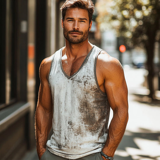 Men's Skin-friendly Breathable V-neck Retro Printed Tank Top 9929999941816