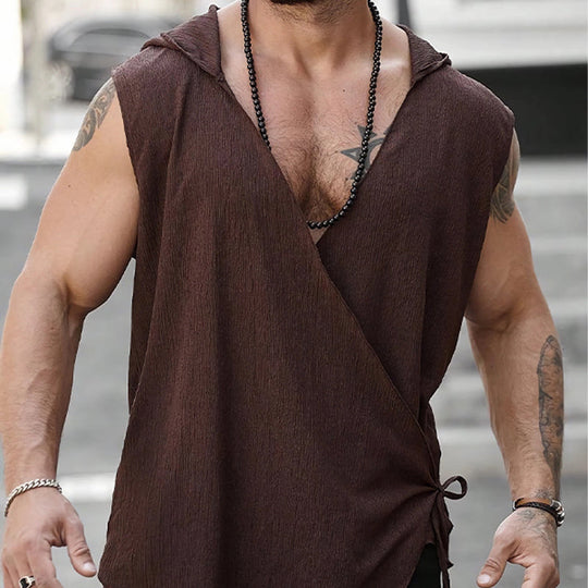 Men's Brown Textured Cross Tie Hooded Tank Top 9930000269496