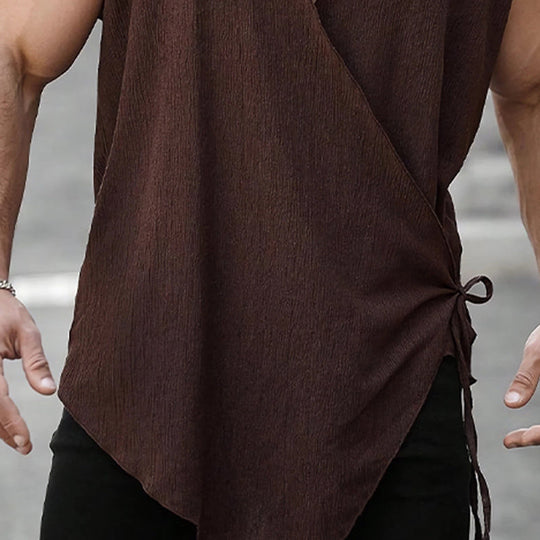 Men's Brown Textured Cross Tie Hooded Tank Top 9930000269496