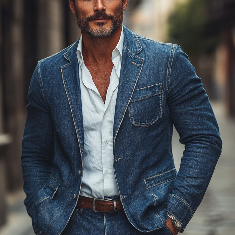 Men'S Dark Blue Textured Washed Denim Blazer 9934847475896