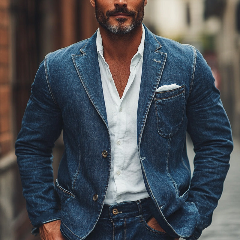 Men's Spring and Autumn Business Distressed Denim Blazer 9934844035256